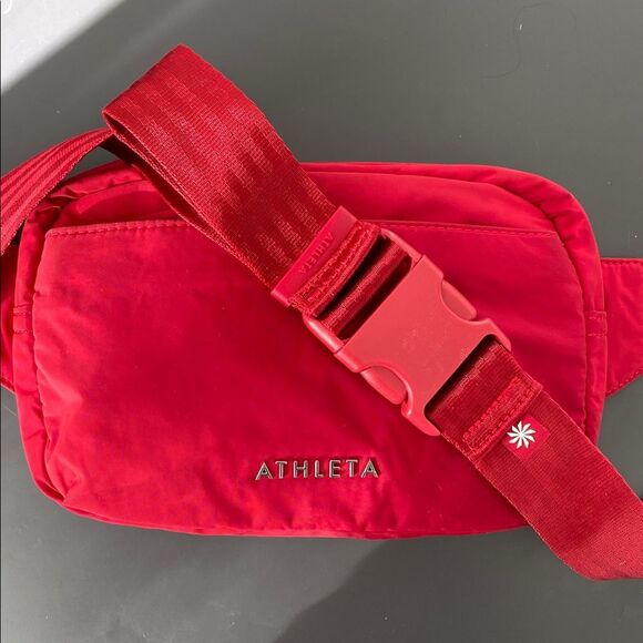 Athleta Handbags - Athleta All About Crossbody Belt Bag OS Red Silver Logo Casual Chic Lightweight